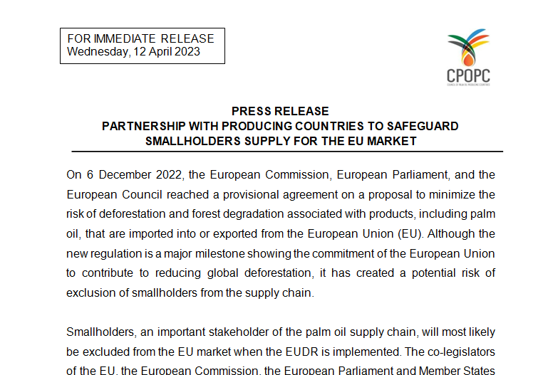 PRESS RELEASE: PARTNERSHIP WITH PRODUCING COUNTRIES TO SAFEGUARD SMALLHOLDERS SUPPLY FOR THE EU MARKET